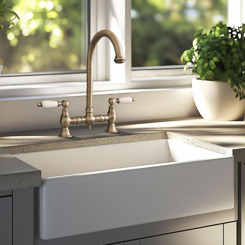 PB Robinet de bucătărie nostalgică cu pod din bronz cu gură rotundă și mânere albe PBN.BRO.R.WH