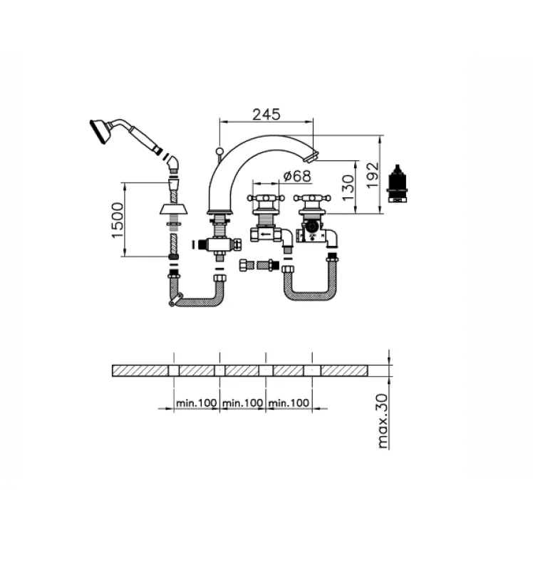 Huber Victorian Robinet termostatic pentru cadă cu 4 orificii, inclusiv set de duș, oțel inoxidabil VTT760102A.