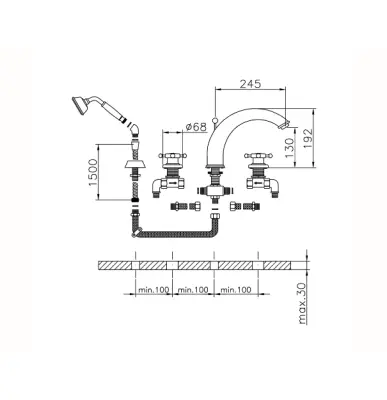 Robinetele pentru cada cu 4 orificii Huber Victorian, cu set de dus, bronz VT00026027.