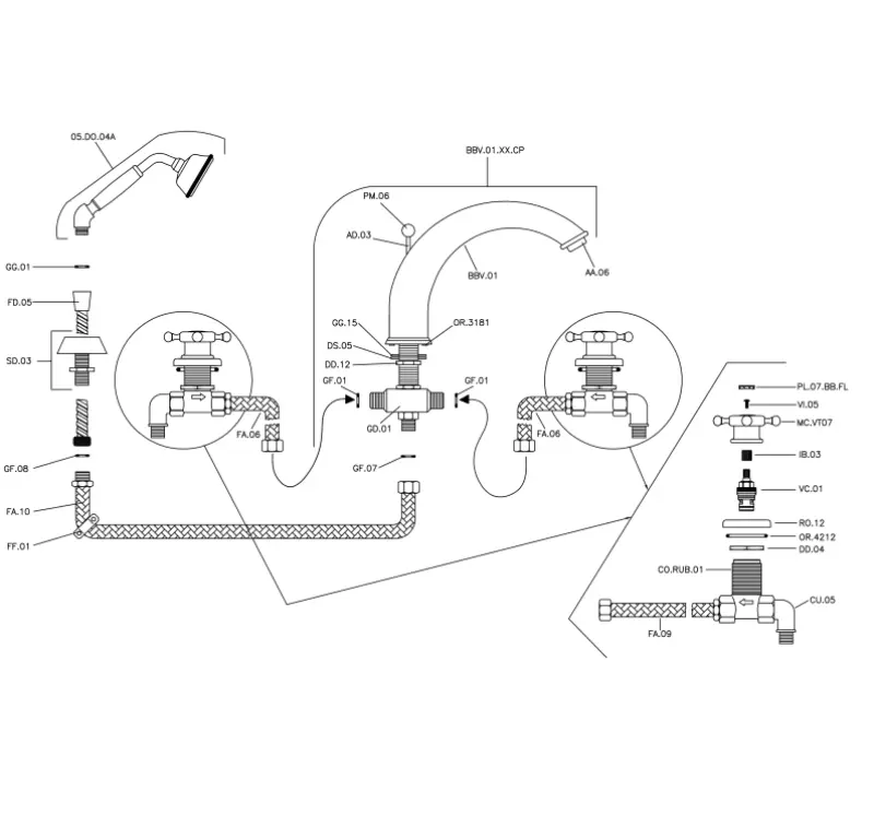 Huber Victorian Robinet de baie cu 4 orificii și set de duș din oțel inoxidabil VT0002602A