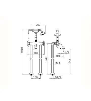 Robinet termostatic vertical pentru cada cu set de dus Huber Victorian, din oțel inoxidabil, VTT390102A