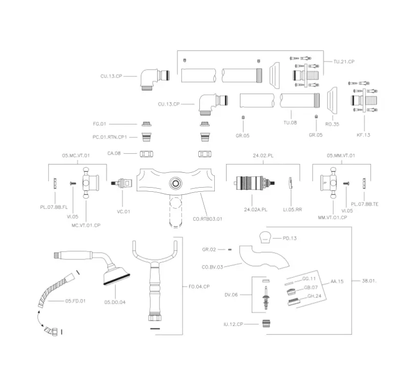 Robinet termostatic vertical pentru cada cu set de dus Huber Victorian, din oțel inoxidabil, VTT390102A