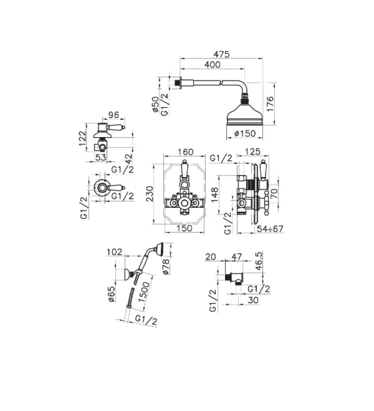 Setul de duș încorporat termostatic Huber Victorian, din oțel inoxidabil, modelul 913.VT01H.AC.