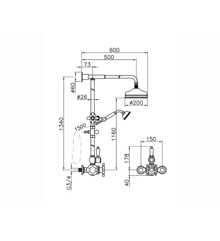 Setul de duș termostatic Huber Victorian, 20cm, auriu 590.VN21H.AG