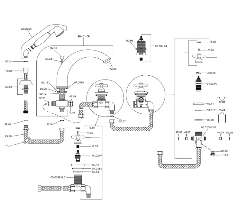 Robinetterie de baignoire encastrée à 4 trous Huber Croisette, thermostatique, en bronze CST7601027.