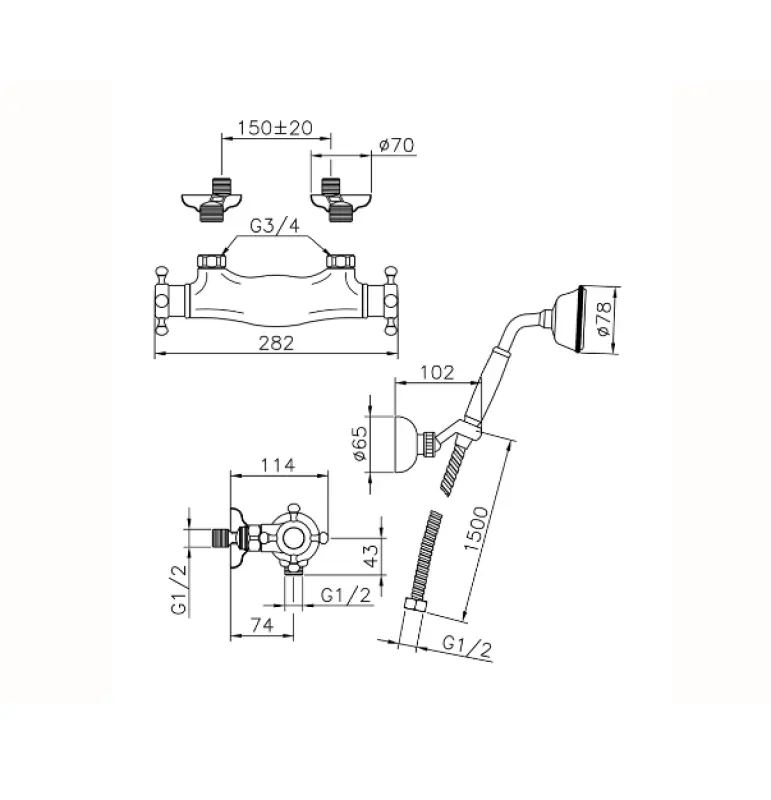 Robineta de duș termostatică Huber Victorian cu duș manuală din oțel inoxidabil VTD010102A