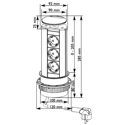 EVOline Port 3 Priză retractabilă cu împământare și capac din oțel inoxidabil.