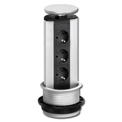 EVOline Port 3 Priză retractabilă cu împământare și capac din oțel inoxidabil.