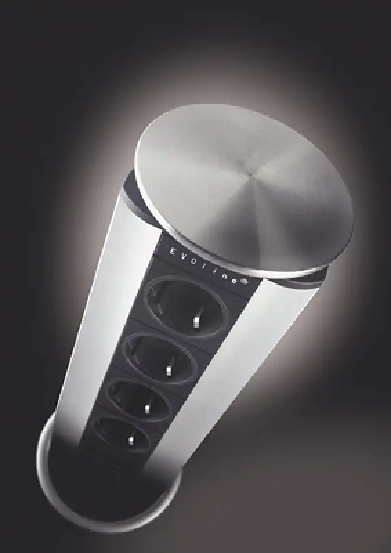 EVOline Port 3 Priză retractabilă cu împământare și capac din oțel inoxidabil.