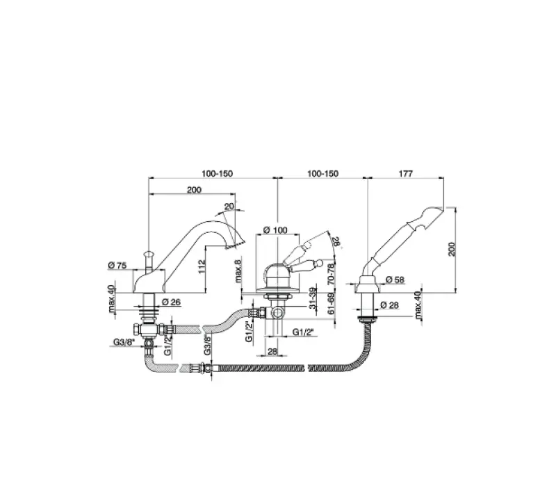 Cisal Arcana Împărăteasă, robinet de baie cu trei orificii și duș manual, aur EM00126024