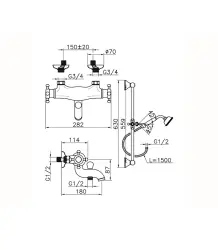 Huber Victorian Baterie de baie termostatică cu set de duș din oțel inoxidabil RVS VTS270102A