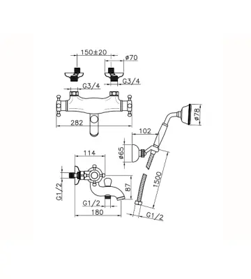 Robinetterie de bain thermostatique Huber Victorian avec ensemble de douche en acier inoxydable VTD270102A.