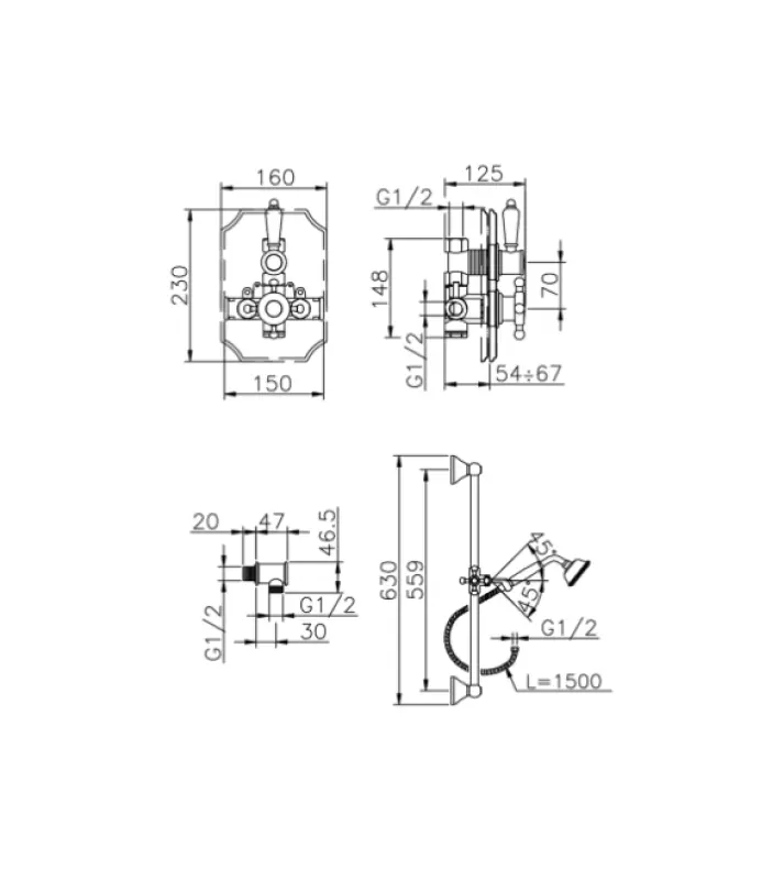 Setul de duș Huber Victorian termostatic incorporat, aur 910.VT01H.AG