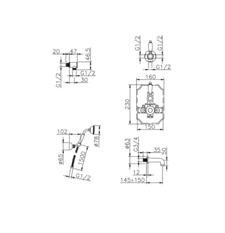 Setul de duș-baie cu termostat Huber Victorian, montat în perete, crom 915.VT01H.CR.