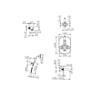 Setul de duș-baie încastrat termostatic Huber Victorian din oțel inoxidabil 915.VT01H.AC
