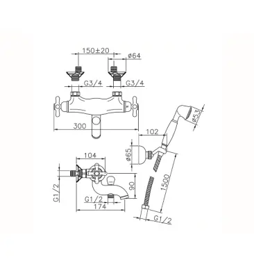 Robinetul termostatic de baie Huber Croisette cu set de dus manual Auriu CSD270102G