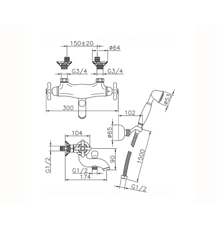 Robinetul termostatic de baie Huber Croisette cu set de dus manual Auriu CSD270102G