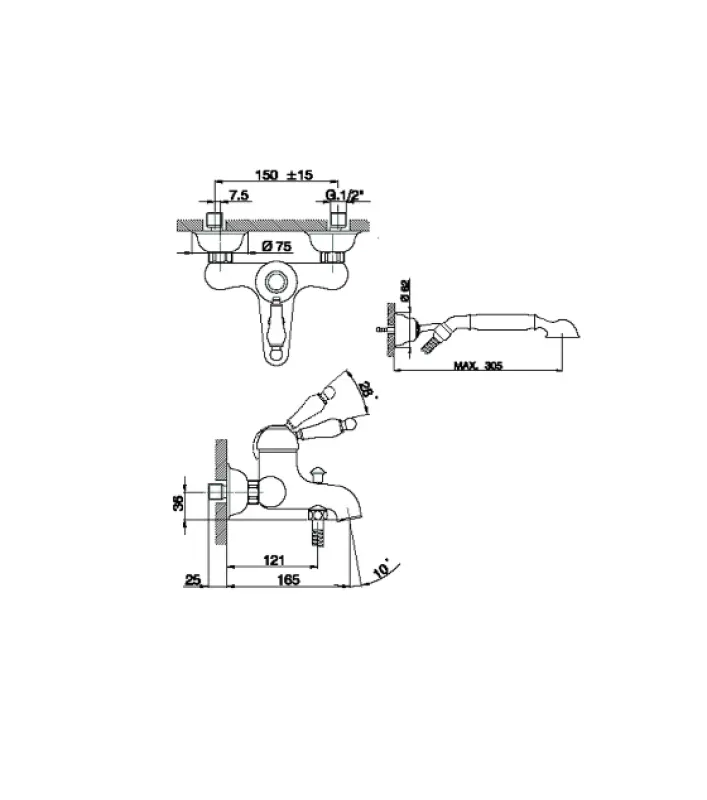 Huber Croisette Robinet de baignoire avec ensemble de douche à main Chrome CM00012021