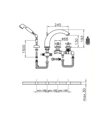 Robinet de margine pentru cada cu 4 orificii Huber Croisette, termostatic, aur CST760102G.