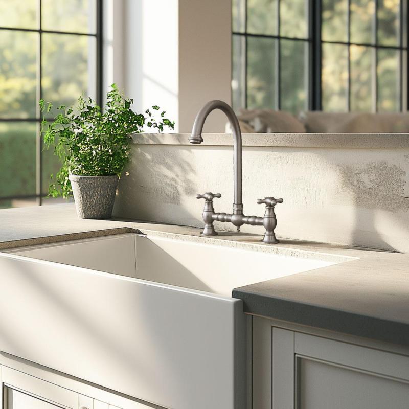 PB Robinet de bucătărie nostalgic cu punte din oțel inoxidabil, gură rotundă și mânere în formă de stea PBN.RVS.R.ST