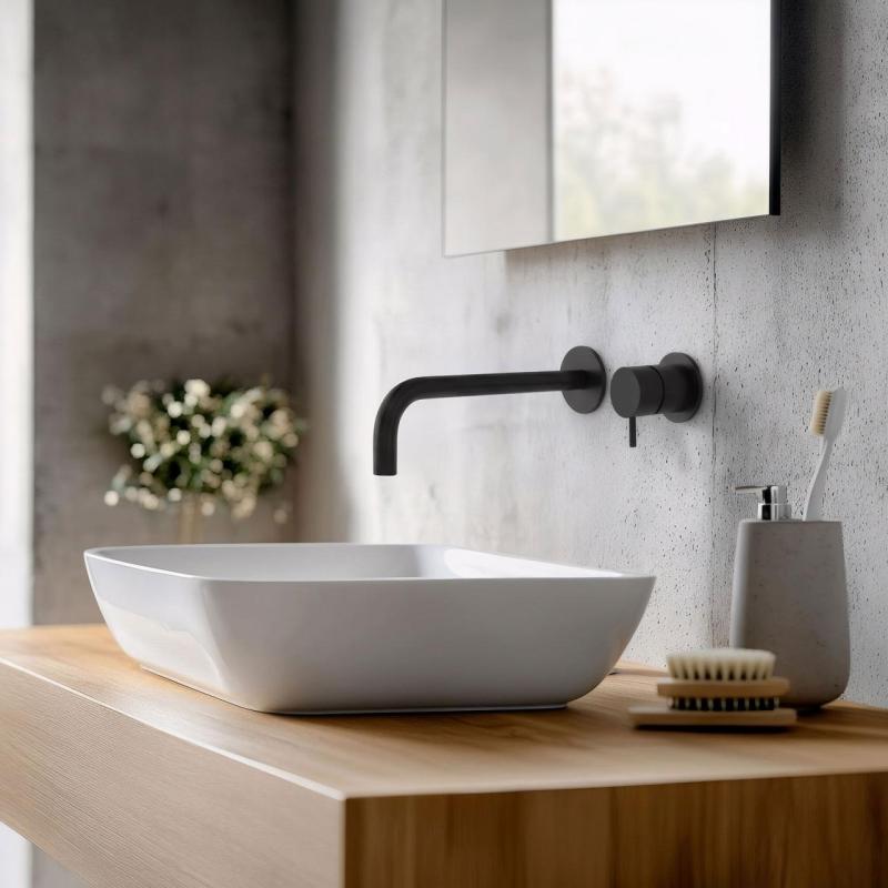 Waterevolution Flow baterie de chiuvetă încastrată, negru mat, cu gura de scurgere de 21 cm T116BPR-21