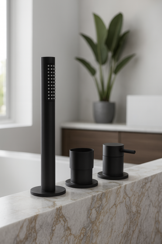 Robinetele de baie cu 3 găuri Waterevolution Flow, montate pe marginea băii, în finisaj mat negru, T138SBPR.