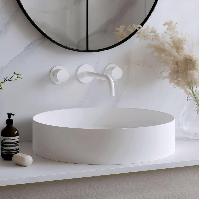 Waterevolution Flow Robinet de chiuvetă încastrat cu 3 găuri, alb mat, cu bec de 15 cm T1163FBR-15