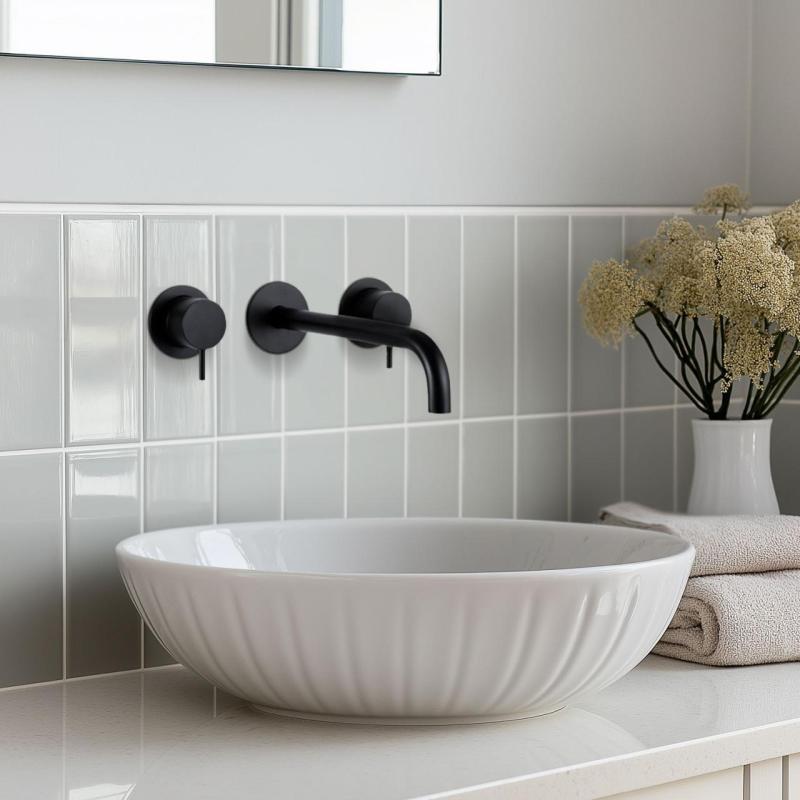 Waterevolution Flow Robinet de chiuvetă încastrat cu 3 găuri, negru mat, cu gura de scurgere de 25 cm T1163FPR-25