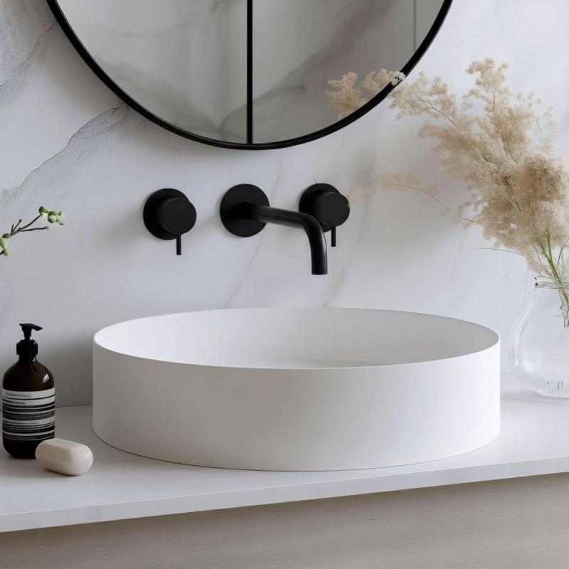 Waterevolution Flow Robinet de chiuvetă încastrat cu 3 găuri, negru mat, cu gura de scurgere de 15 cm T1163FPR-15