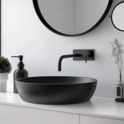 Robinetele de montaj Waterevolution Flow pentru chiuvete cu placa de acoperire, culoare mat neagră, cu gură de turnare de 15 cm, model T1161BPR-15.