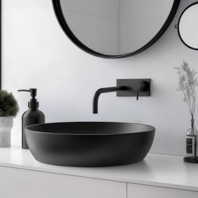 Robinetele de montaj Waterevolution Flow pentru chiuvete cu placa de acoperire, culoare mat neagră, cu gură de turnare de 15 cm, model T1161BPR-15.