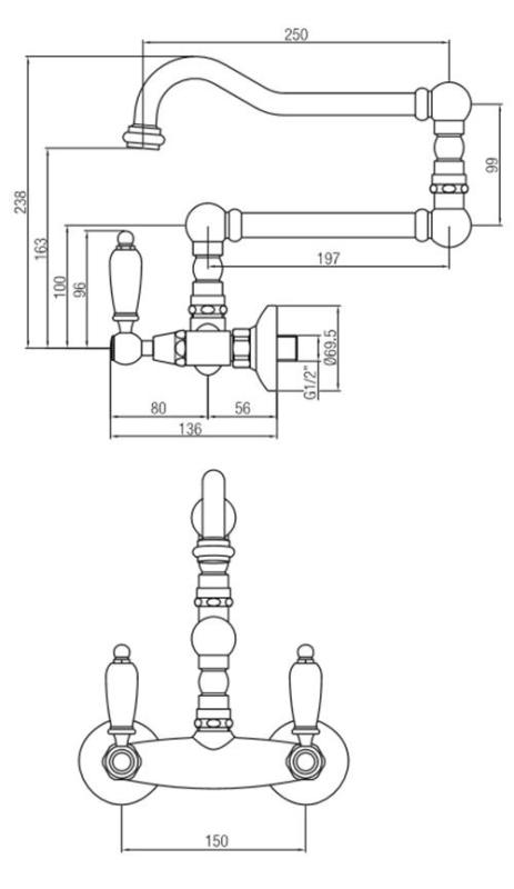 PB Robinet clasic montat pe perete cu mânere albe duză rotativa extra lungă Crom 1208854232