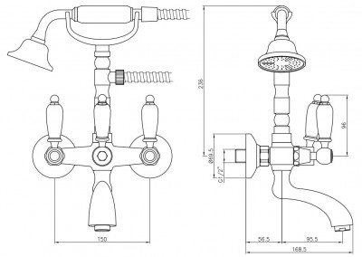Setul clasic de robinete de baie PB, cu montare aparentă, cu manete albe, bronz, inclusiv duș manual 1208854422.