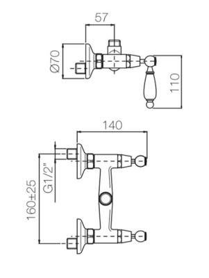 Robinetul clasic de duș deasupra blatului PB cu manete albe, conexiunea de sus din oțel inoxidabil 1208854552.