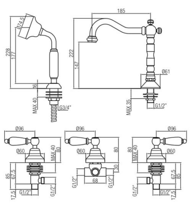 Robinet de margine clasic PB cu 5 găuri, cu mâner alb din oțel inoxidabil 1208854802.