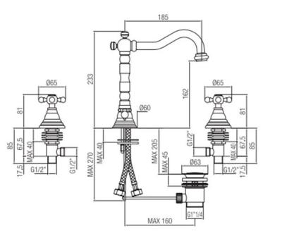 Robineta clasică pentru chiuveta cu 3 găuri PB, cu butoane puternice și țeavă de 18,5 cm, cromată, cod 1208854922.