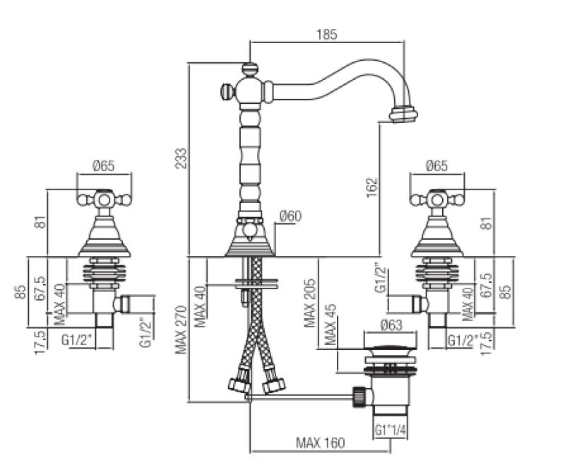 Robineta de chiuvetă clasică cu 3 găuri PB, mânere puternice, jet de scurgere 18,5 cm, bronz 1208854942.