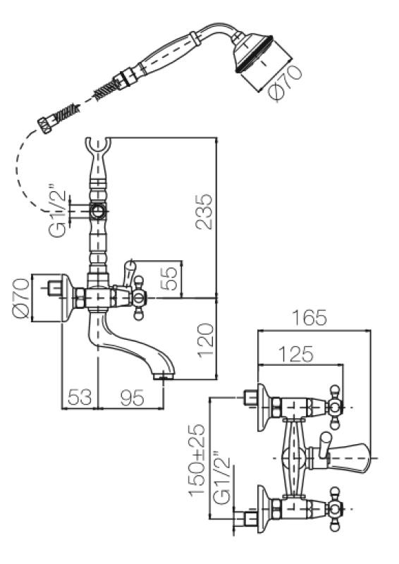 Setul de robineti de cada montati pe perete PB Classic, cu manere din otel inoxidabil, inclusiv dus manual, 1208855172.
