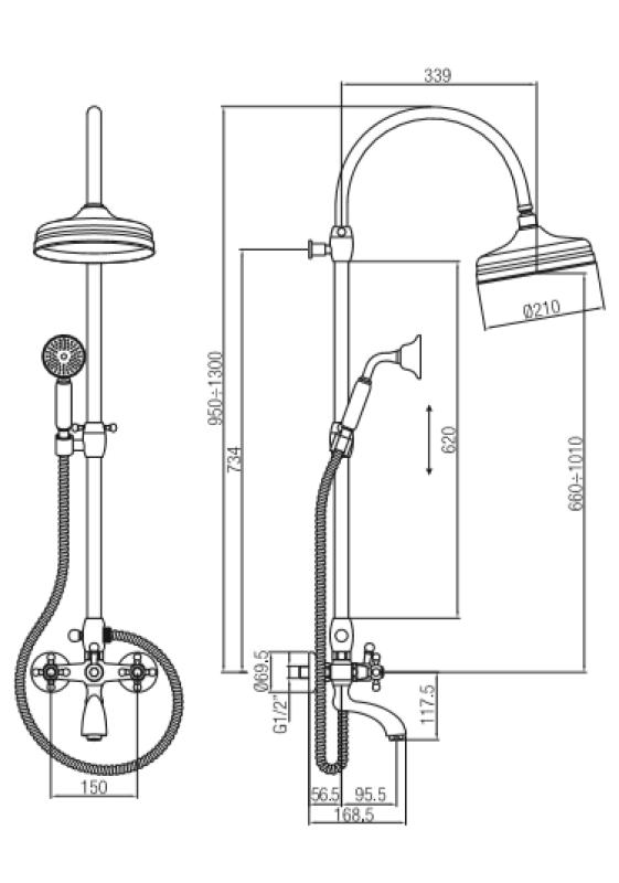 Setul clasic de duș PB cu montaj aparent, cu duș de ploaie, manete puternice, bronz 1208855872.