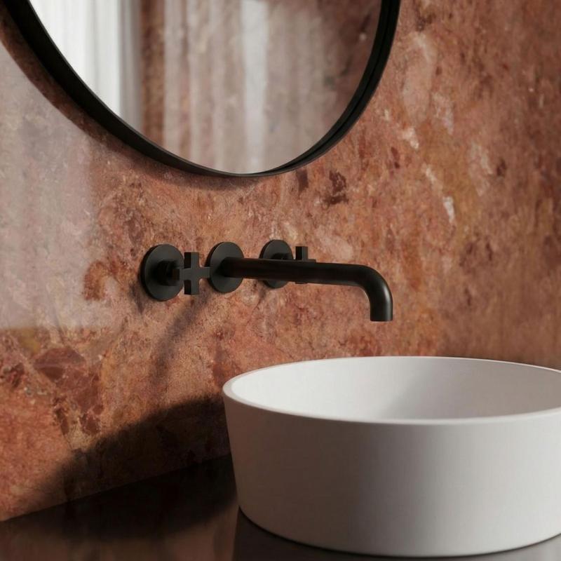 Robinetul de perete Waterevolution Cruz 3-Gauri, încastrat, pentru chiuvetă, negru mat, cu o lățime de 19 cm, cu ieșire 1208916572.