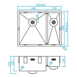 Atingeți chiuveta dublă și jumătate din oțel inoxidabil CAPP3415R6R0 B34 + B15xL40xD18.5cm, montată deasupra, sub blat sau cu suprafața încastrată.
