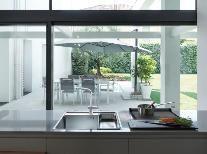 Baterie de bucătărie Franke din inox periat Atlas Neo cu gura extensibilă inox 115.0521.438