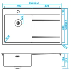 Chiuvetă din oțel inoxidabil Caressi, cu scurgătoare pe partea dreaptă, CAPP40ABL, dimensiuni B86xL52, potrivită pentru montaj suprafață, sub blat și încastrare plană. Număr produs: 120892129