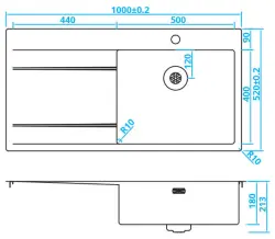 Chiuvetă din oțel inoxidabil Caressi, cu cuva pe partea dreaptă și scurgătoare pe partea stângă, model CAPP50ABR, dimensiuni B100xL52, se poate monta deasupra, sub blat sau încastrată, cod pr