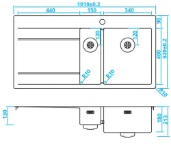 Caressi chiuvetă din oțel inoxidabil 1,5 cu scurgere pe partea dreaptă și scurgere pentru scurs pe partea stângă CAPP1534ABR B101xL52 montaj deasupra, sub blat și pe suprafață 1208921301.