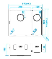 Caressi 1,5 chiuvetă din oțel inoxidabil CA3415R10 B34+B15xL40xD18.5cm, montaj sub blat, adâncime de instalare sau montaj suprafață 1208921375.