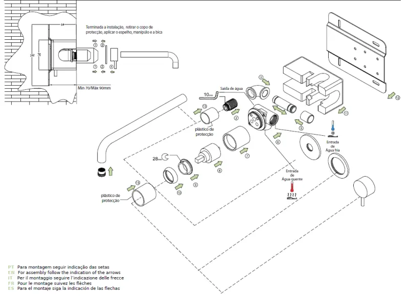 Waterevolution Flow Robinet de chiuvetă încastrat PVD Aur alb cu bec de 25 cm T116BWGE-25