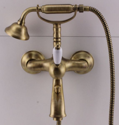 PB Robinet mixt nostalgic pentru baie cu duș manual și mânere albe, bronz