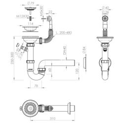 Set de evacuare GraniteMy din oțel inoxidabil cu supapă de preaplin rotundă incl. sifon pentru chiuvetă simplă 1208952965