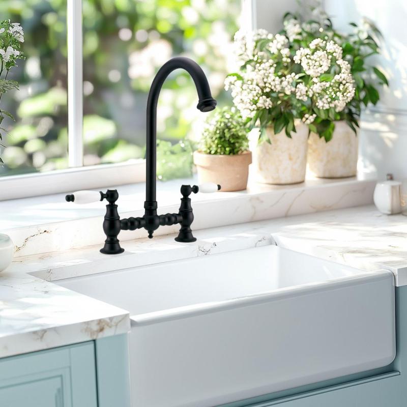 PB Nostalgic Bridge Robinet de bucătărie negru mat cu duză rotundă și mânere albe  PBN.ZW.R.WH